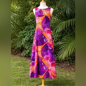 Vintage 1960s Floral Hawaiian 100% Cotton Barkcloth Maxi Dress - Made in Hawaii